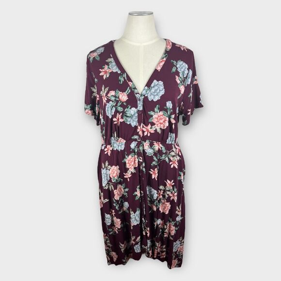 Torrid Midi Challis Shirt Dress 3X Burgundy Asymmetrical Hem Casual Button Up - Picture 2 of 10